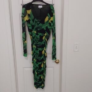 Ganni Black and Green Leaf Long Sleeve Dress